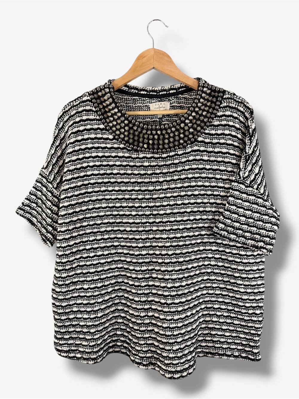 Zara Trafaluc Studded Statement Collar Knit Sweater Size M Black White Edgy Chic